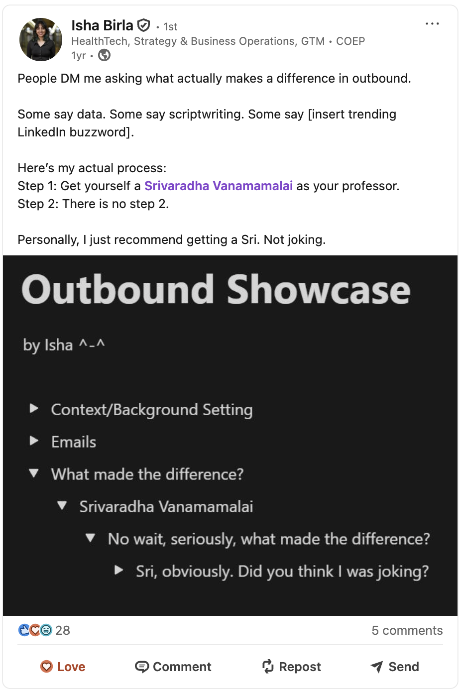 Isha Birla outbound showcase post